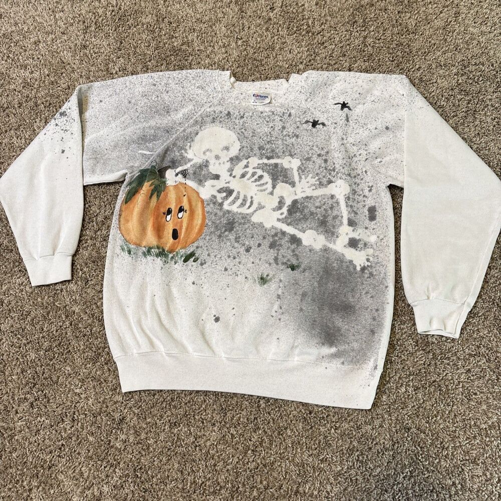 Vintage Halloween Hand Painted Hanes Sweatshirt Men's Xl White Made In USA Aop